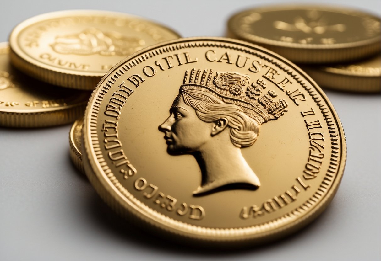A gold quarter sits on a clean, white surface. A price chart in the background shows the coin's fluctuating value over time