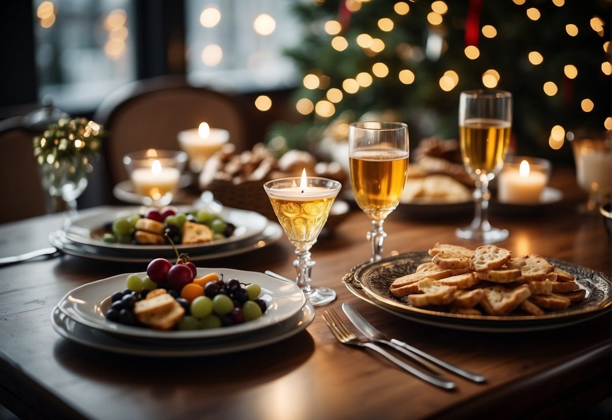 A festive table set with traditional French non-alcoholic drinks, surrounded by holiday decorations and a warm, inviting atmosphere