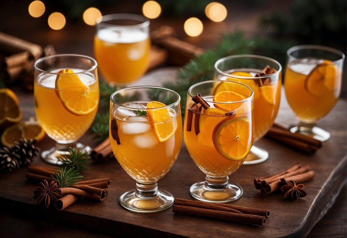 A table set with festive glasses, a variety of non-alcoholic French Christmas drinks, and traditional garnishes like cinnamon sticks and orange slices