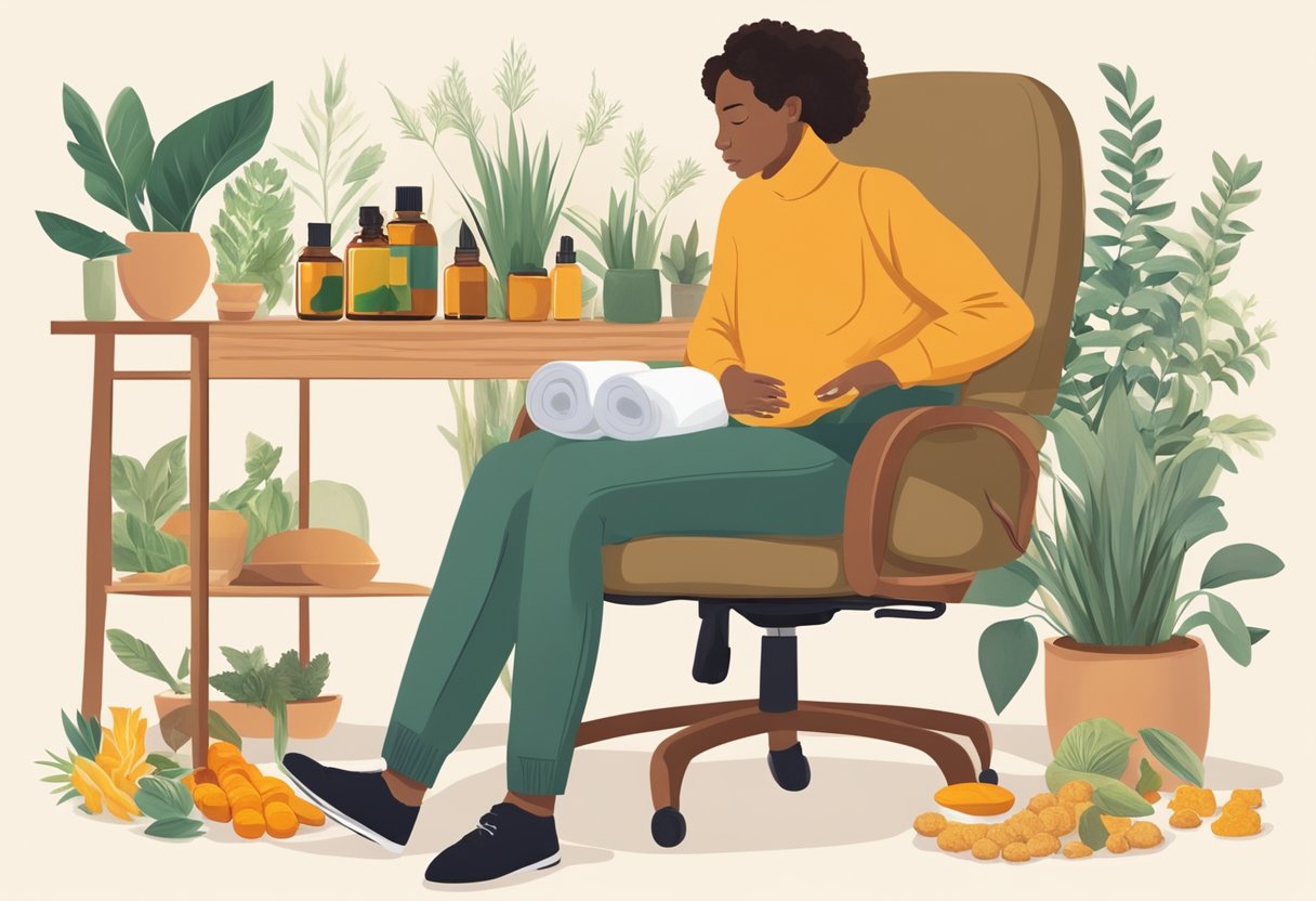 A person sitting on a chair with a heating pad on their lower back, surrounded by natural remedies like turmeric, ginger, and essential oils
