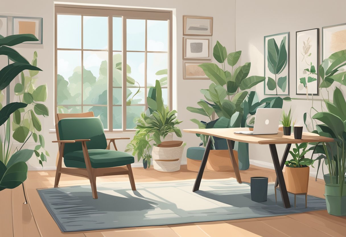 A cozy living room with a comfortable ergonomic chair, a standing desk, and yoga mats. Natural light floods the room, and plants add a touch of greenery