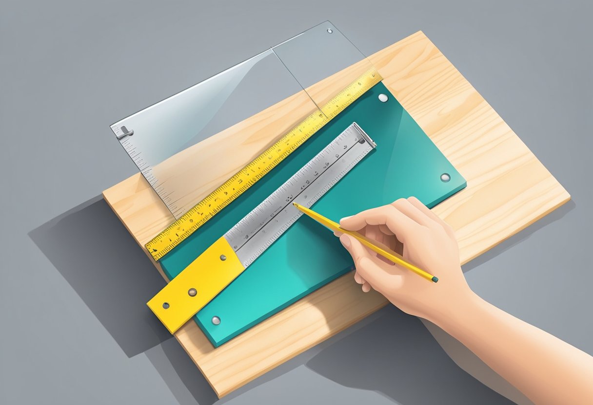 A hand holding a ruler measures and cuts acrylic sheet. Another hand bends and glues the edges to form a lightbox sign