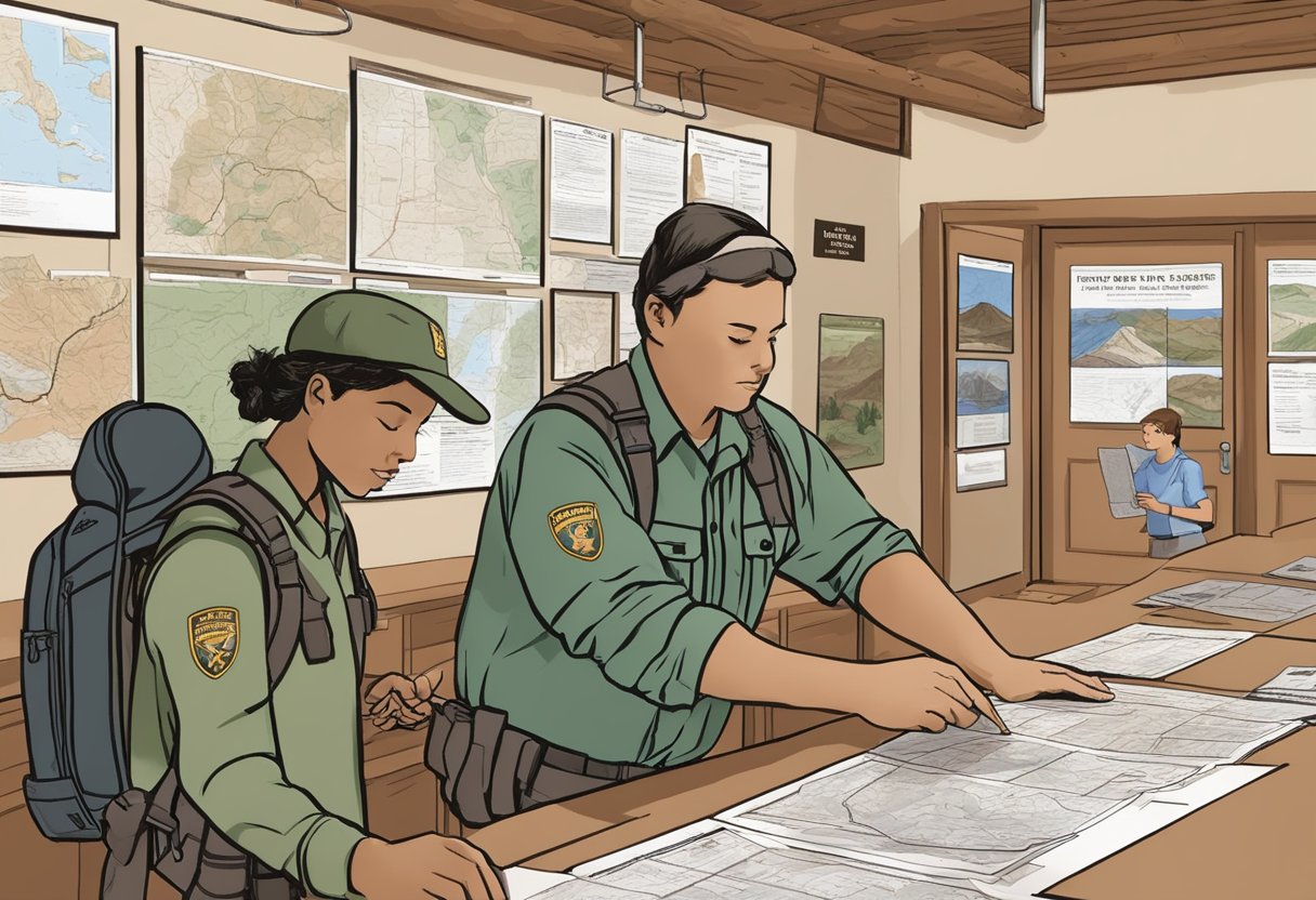 A ranger hands a permit to a hiker at the Grand Canyon visitor center. Maps and information pamphlets are spread across the counter