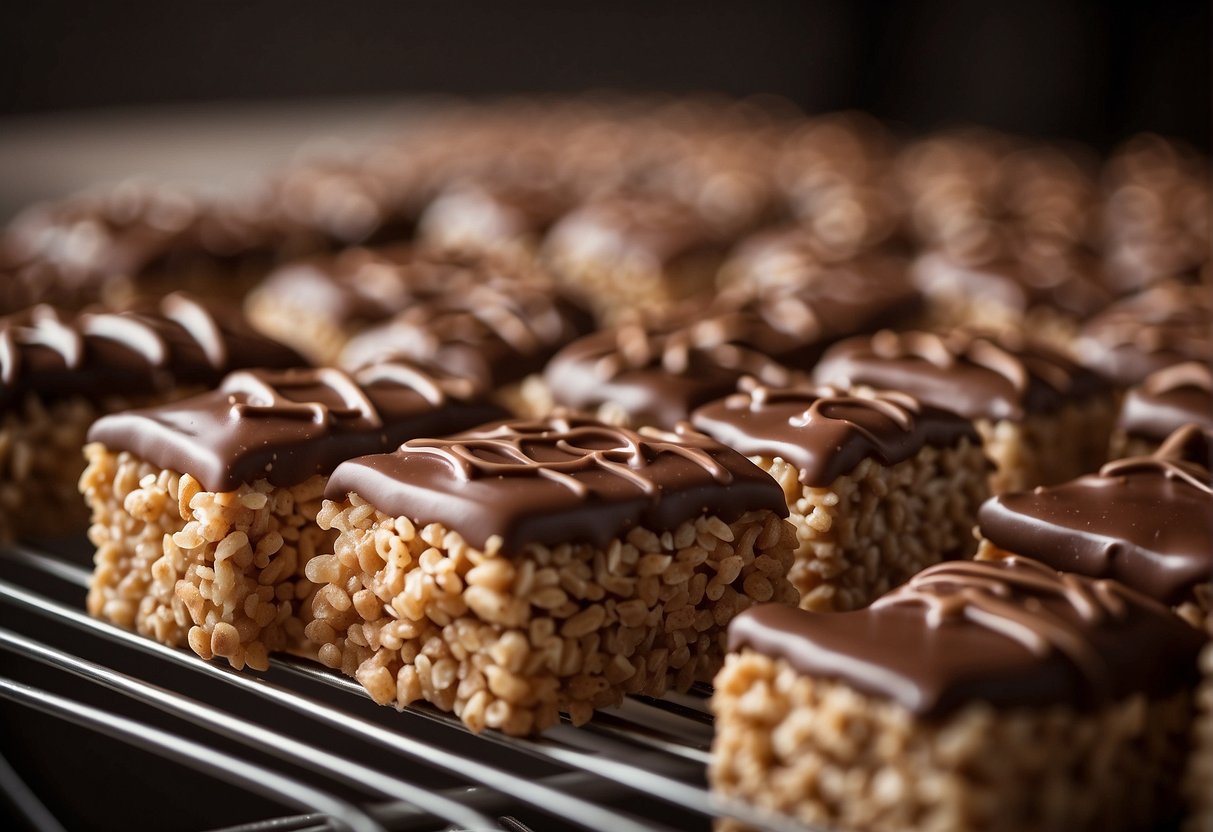 Chocolate-covered rice krispie treats sit on a wire rack. A thin layer of chocolate is starting to harden, creating a glossy finish
