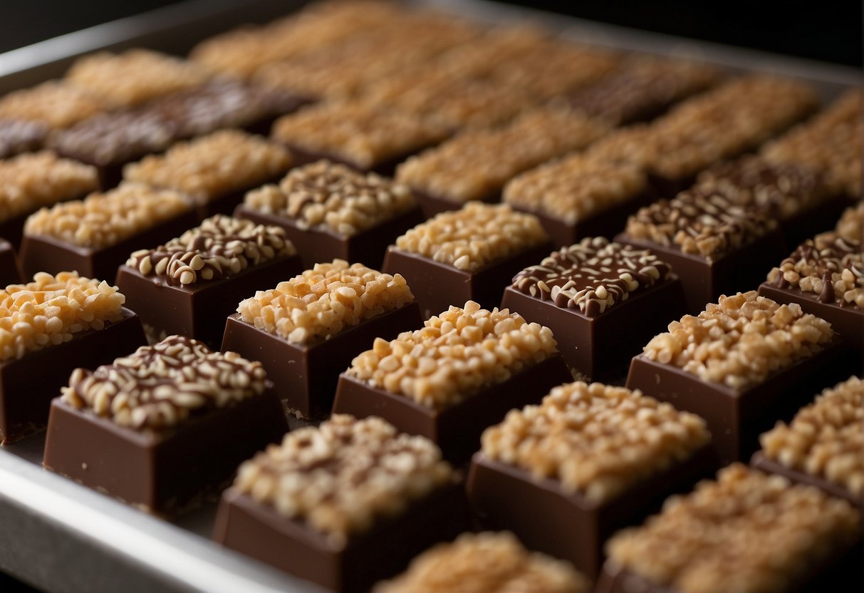 Chocolate-covered rice krispie treats sit on a baking sheet in a freezer. A variety of toppings and mix-ins are nearby