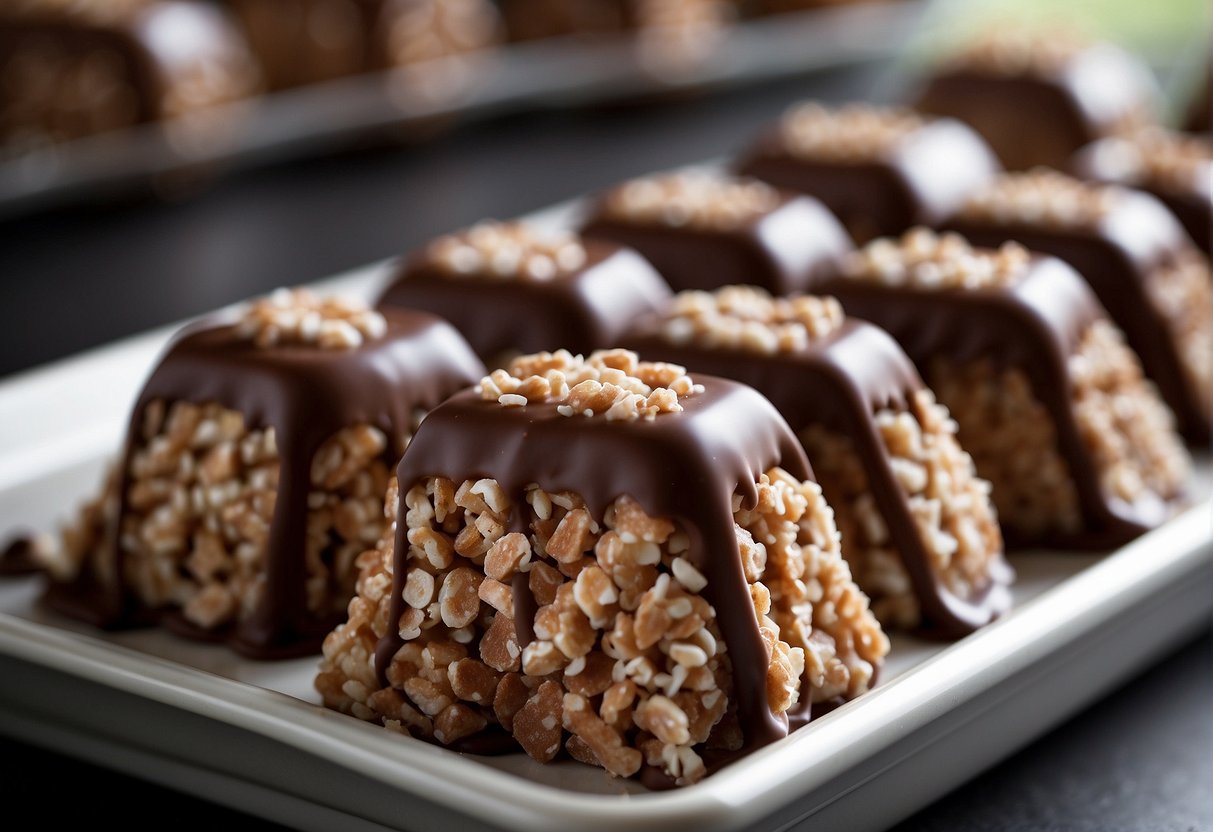 Chocolate-covered rice krispie treats placed on a tray, then wrapped and stored in a freezer