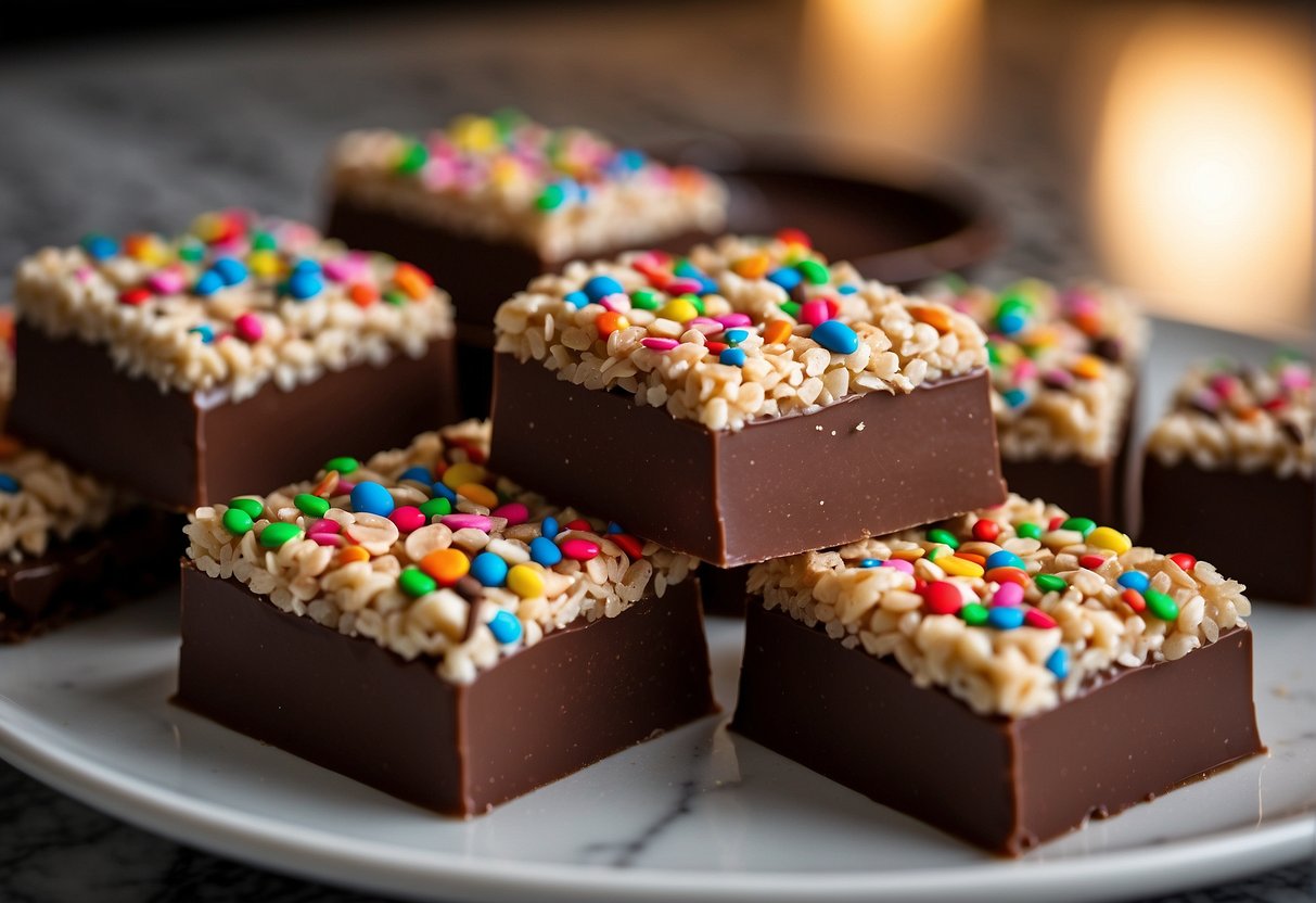 A tray of chocolate-covered rice krispie treats sits on a marble countertop. The treats are perfectly coated in smooth, glossy chocolate, with a sprinkle of colorful sprinkles on top