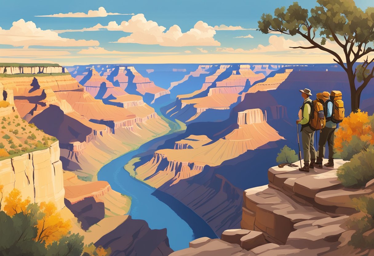 The Grand Canyon in October: clear blue skies, golden sunlight, colorful foliage, and mild temperatures. Hikers wearing layers and sturdy boots. Ranger stations with helpful staff