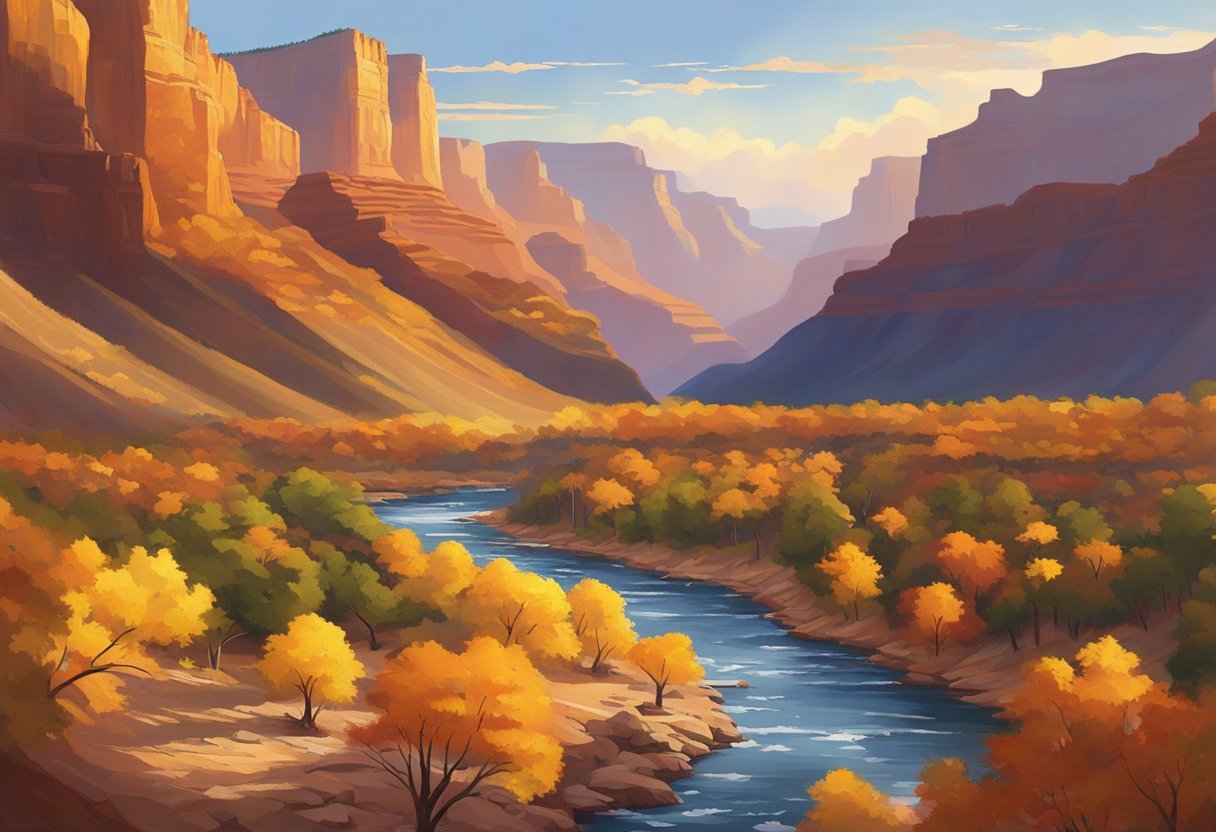 Golden sunlight illuminates the towering red rock formations of the Grand Canyon in October. A river winds through the canyon, surrounded by vibrant fall foliage. Hikers and wildlife dot the trails