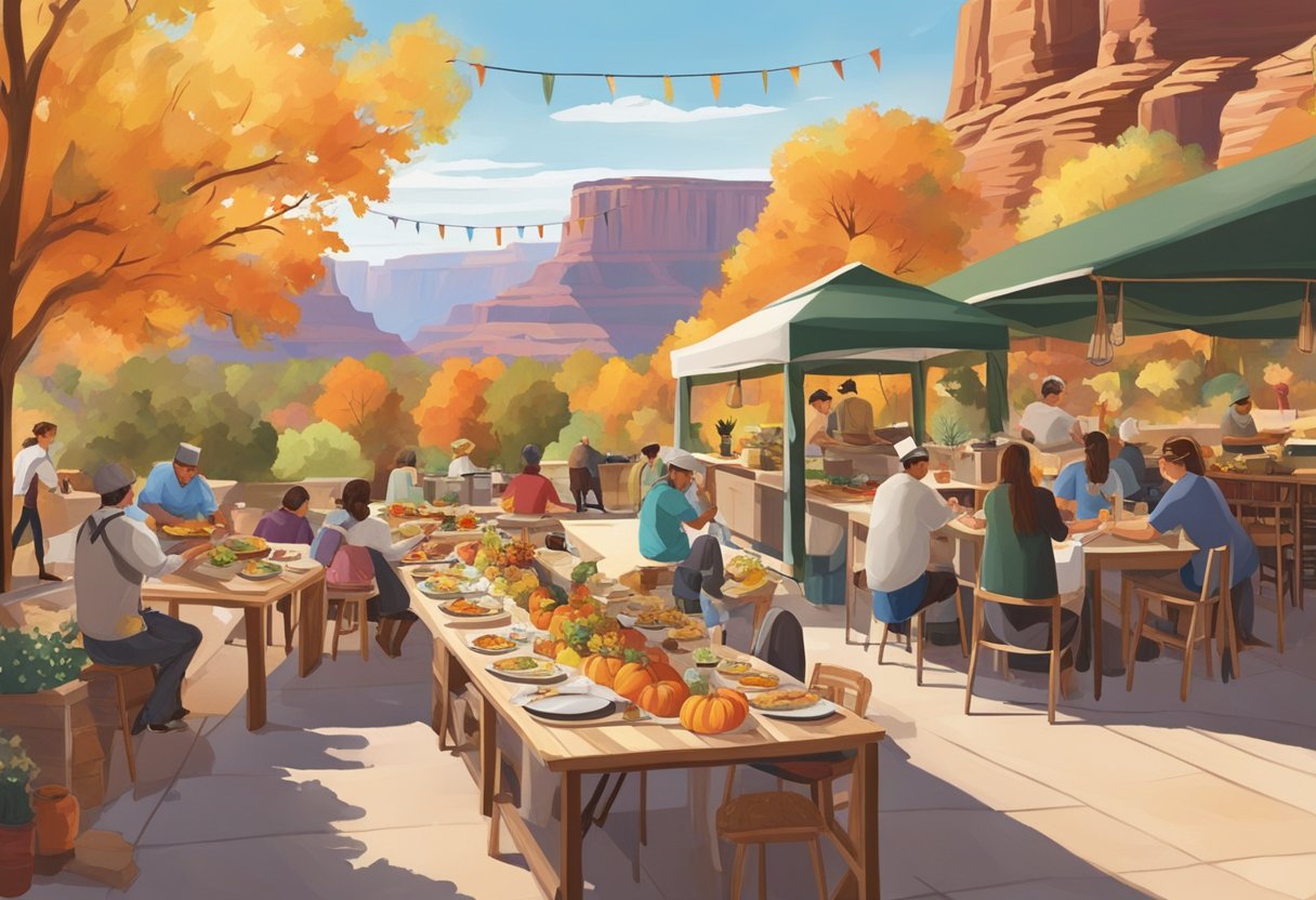 Vibrant fall foliage surrounds outdoor dining tables with views of the Grand Canyon. A chef prepares local specialties at a bustling food festival