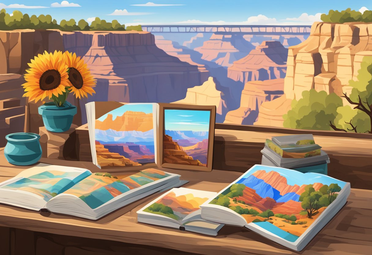 The Grand Canyon in October: colorful souvenirs and a guidebook displayed in a rustic shop, with the canyon's majestic cliffs in the background