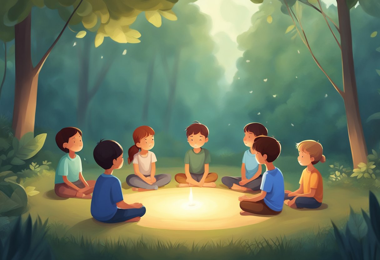 Children sit in a circle, eyes closed, practicing deep breathing. A calm atmosphere with soft lighting and nature elements surrounds them