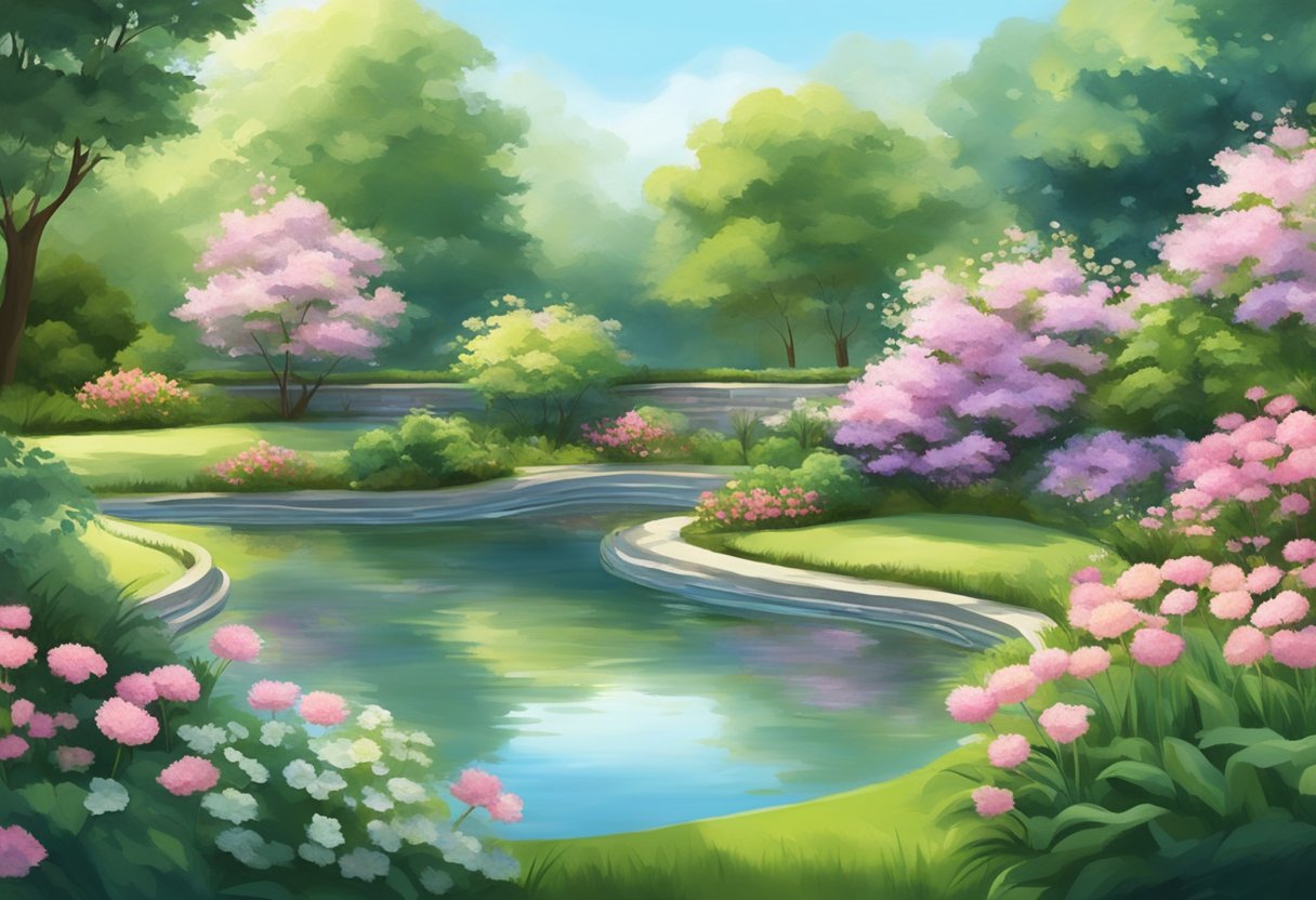 A serene garden with a peaceful pond, surrounded by blooming flowers and lush greenery. A gentle breeze ripples the water, creating a sense of calm and tranquility