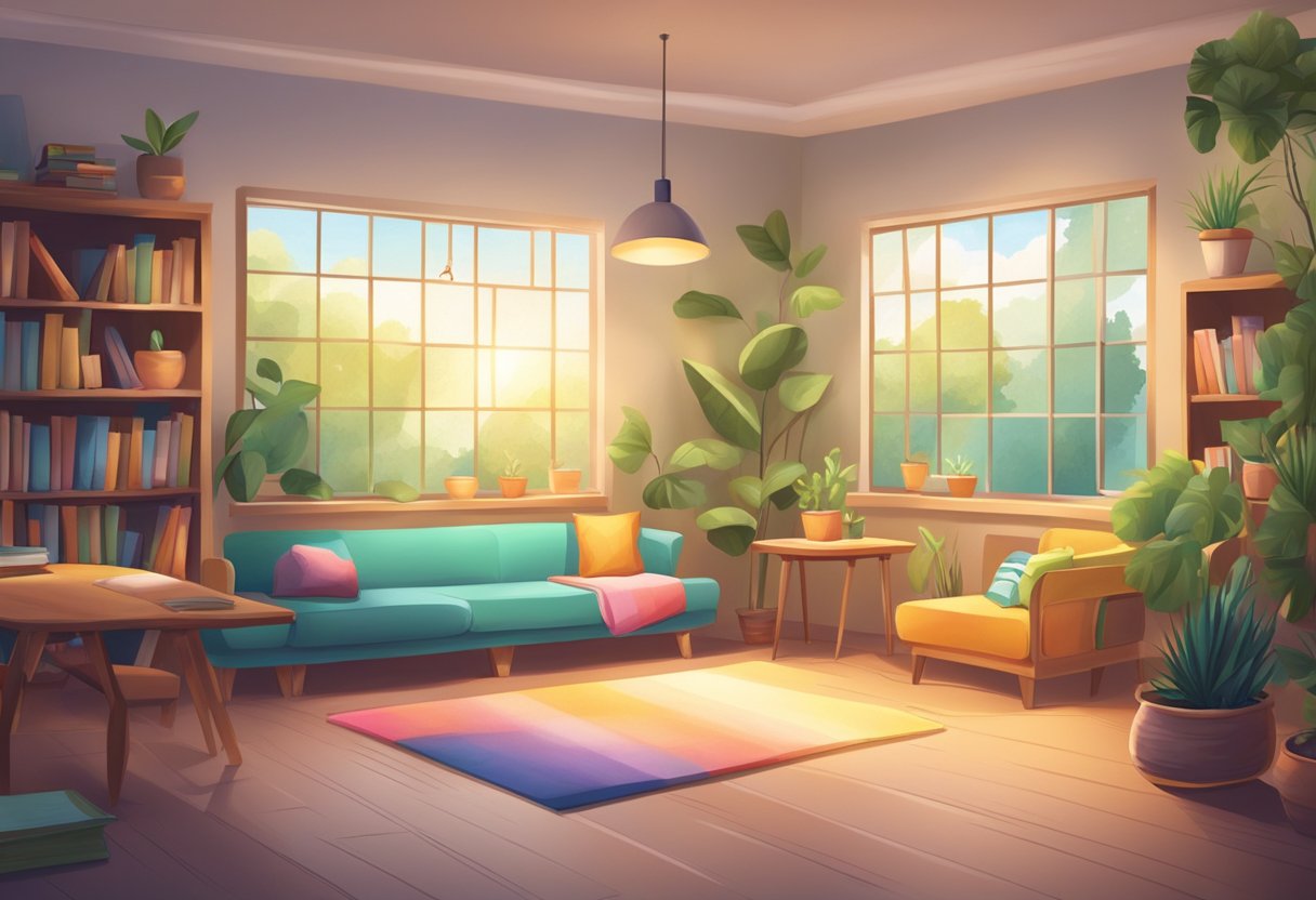 A peaceful classroom with soft lighting, colorful cushions, and a cozy reading nook. A calm atmosphere with nature-inspired decor and a soothing background music
