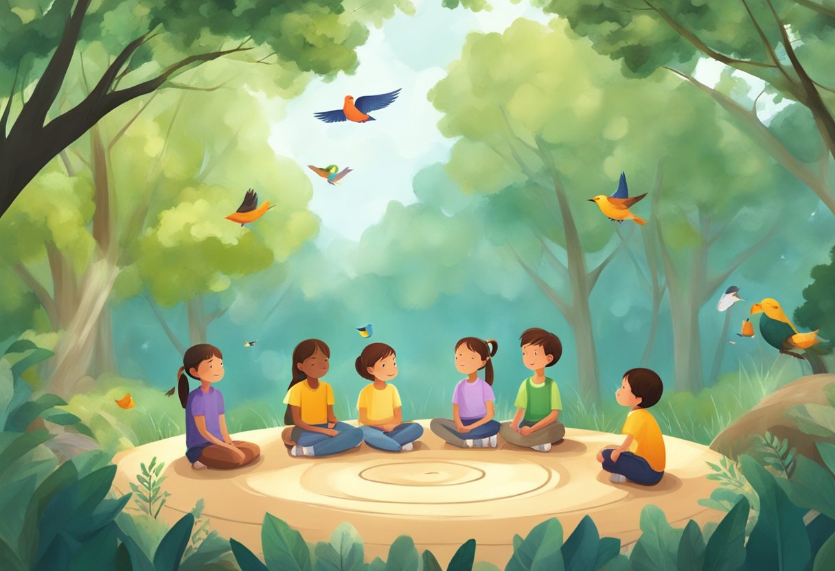 Children sitting in a circle, eyes closed, breathing deeply. A serene environment with nature elements, like trees and birds, surrounding them
