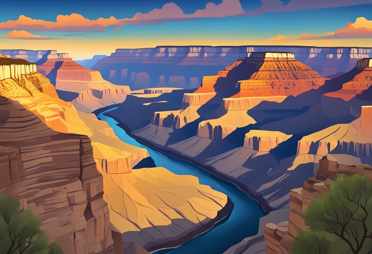 Sunset over Grand Canyon in April, with vibrant colors reflecting off the rugged cliffs and the Colorado River winding through the canyon