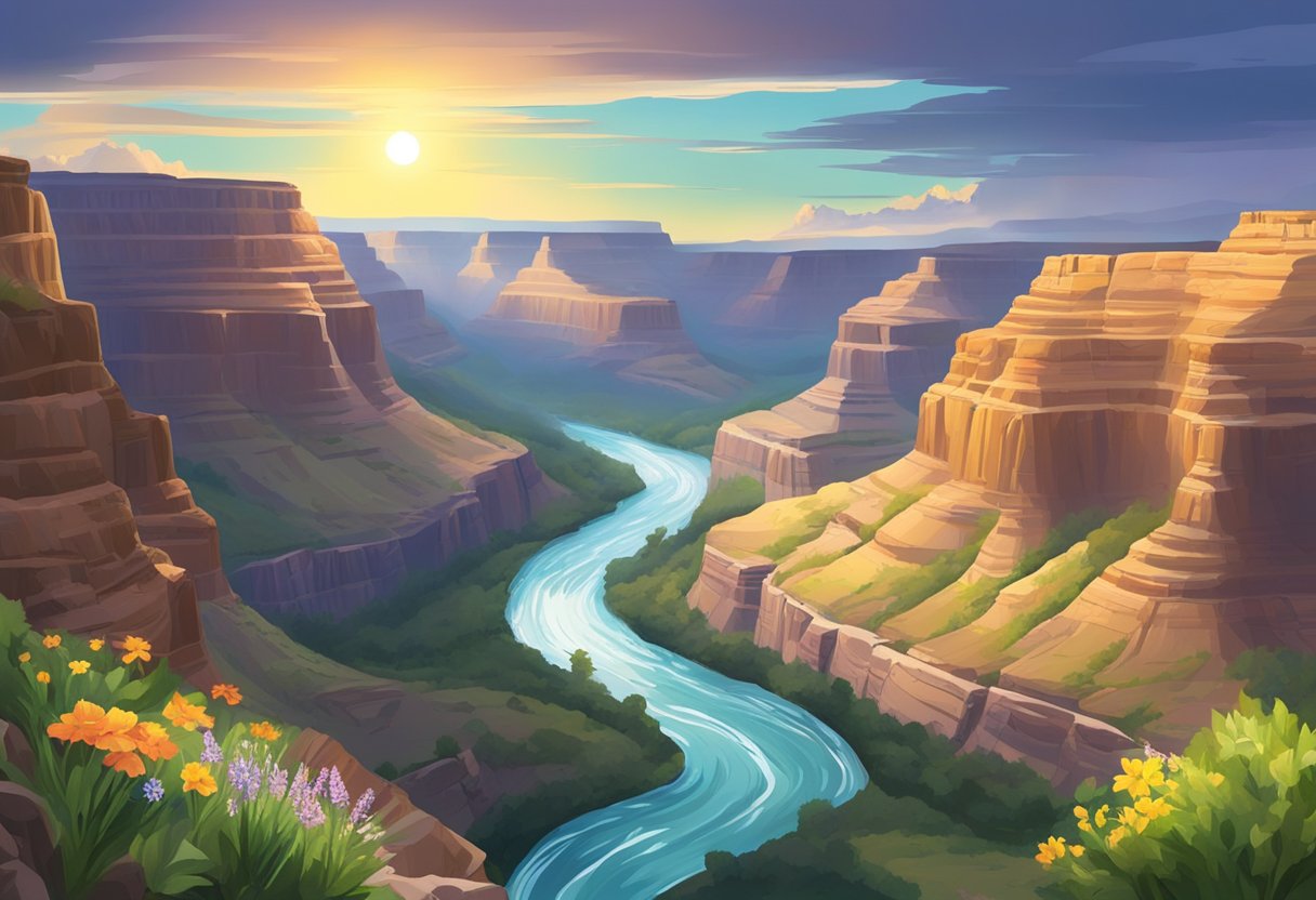 Sunlight illuminates the Grand Canyon in April. Lush greenery and colorful wildflowers bloom, as the river flows through the majestic landscape