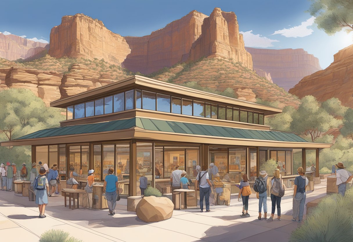 The sun shines down on the Grand Canyon Visitor Center, surrounded by towering rock formations. Tourists gather at information kiosks and outdoor seating areas, while park rangers assist visitors with maps and advice