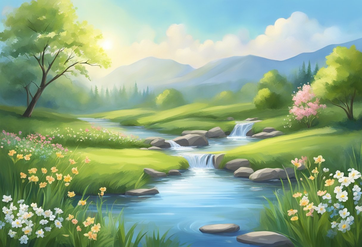 A serene landscape with a peaceful stream, blooming flowers, and a clear blue sky, conveying a sense of tranquility and emotional balance