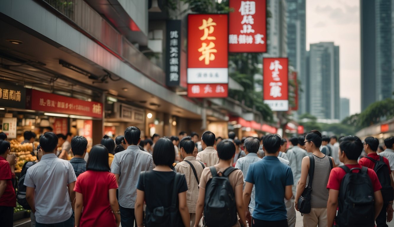 A crowded Singapore street with signs advertising "top investment opportunities" while a shady figure whispers to a passerby. Red flags: high returns, pressure to invest, lack of transparency