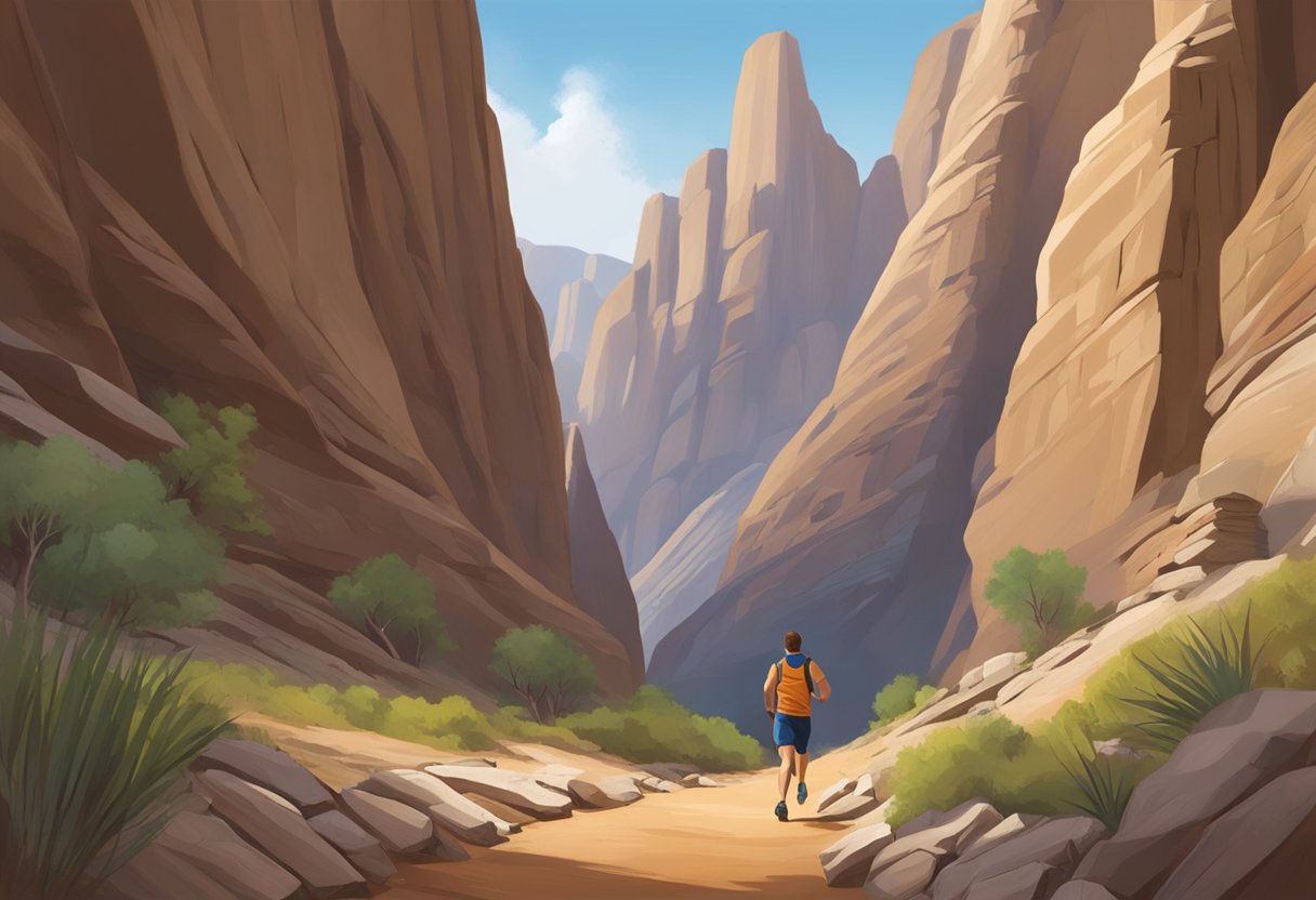 A narrow trail winds through rocky terrain, flanked by towering canyon walls. A runner navigates the path, surrounded by rugged beauty
