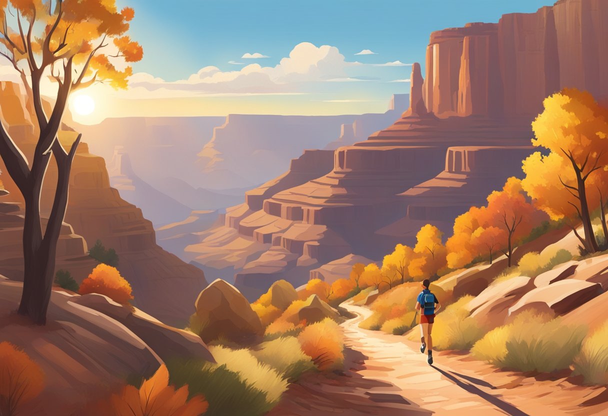 A trail winds through the Grand Canyon, surrounded by colorful autumn foliage and towering rock formations. The sun casts long shadows, creating a picturesque scene for trail running