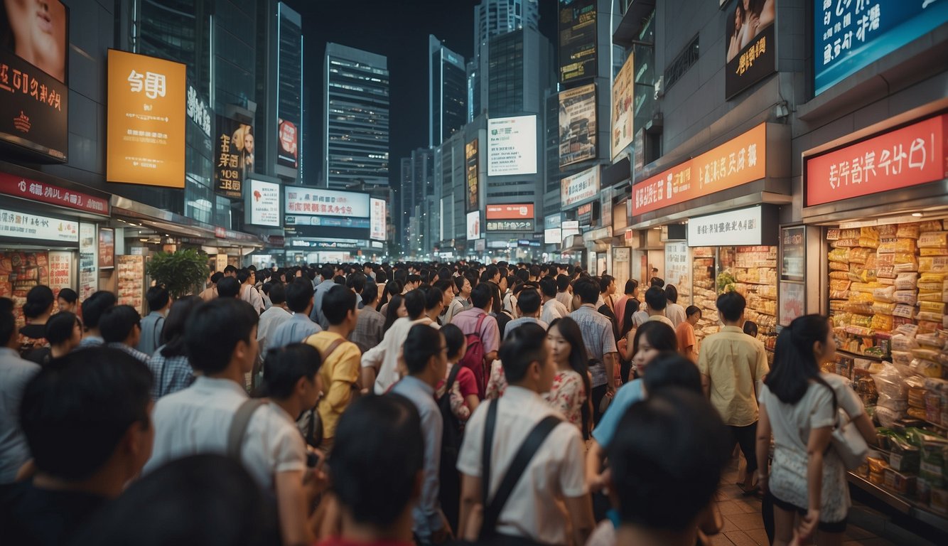 A crowded Singapore street with various investment advertisements, a person being lured by promises of high returns, and warning signs posted nearby