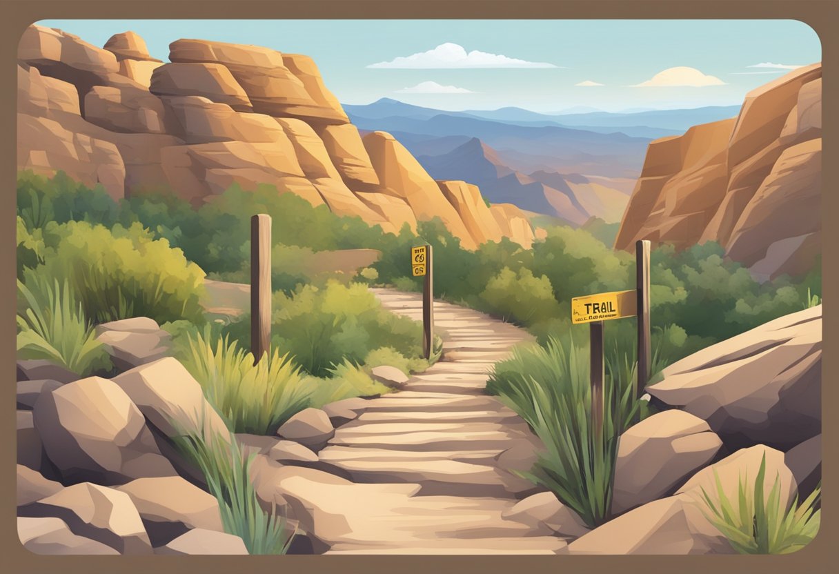 Trail signs display park regulations and fees. Permits required. Runners navigate rocky paths with canyon views