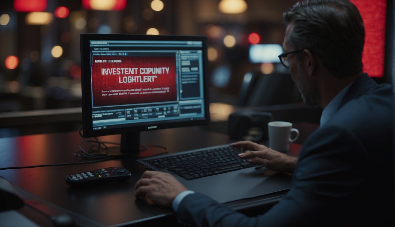 A scene of a person receiving a suspicious phone call or email with the words "investment opportunity" and "high returns" flashing on the screen. Red flags and warning signs are scattered around the scene
