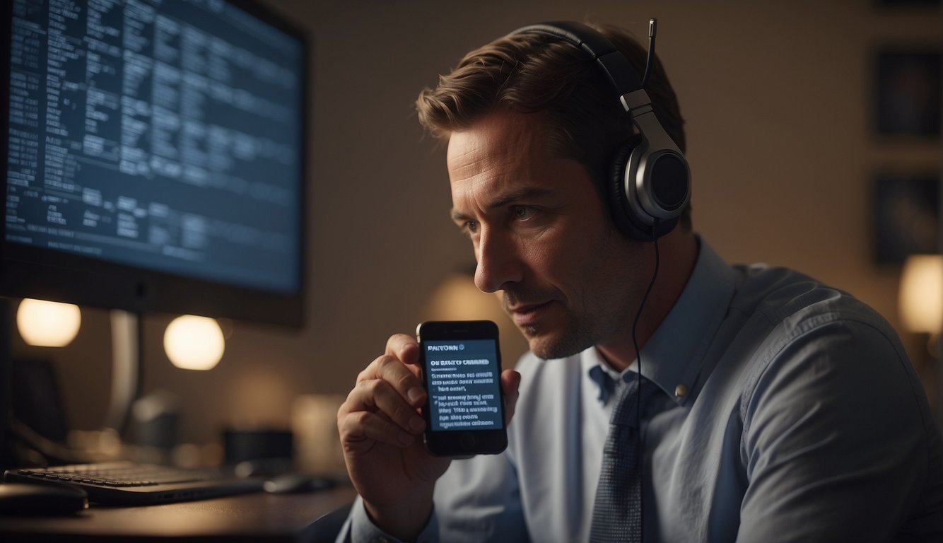 A person receiving a suspicious phone call or email, with a list of top investment scams and warning signs in the background