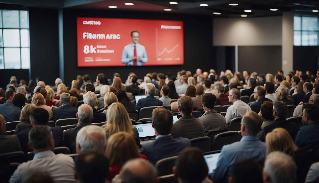 A crowded financial seminar, a charismatic speaker with a slick presentation, and a group of eager investors taking notes. Red flags include promises of high returns and pressure to invest quickly