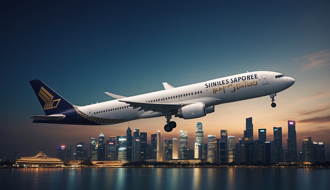 A plane flying over the iconic Singapore skyline with a credit card and miles symbol