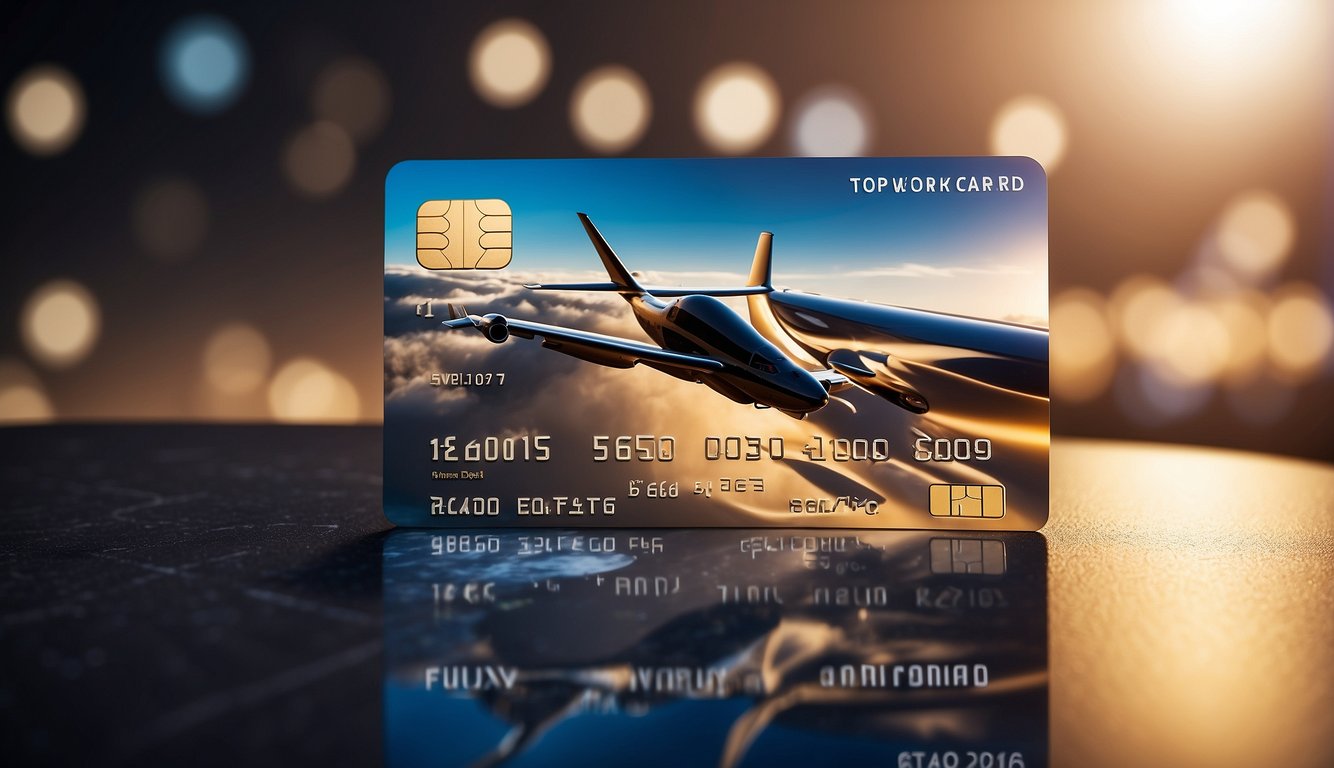 A sleek credit card with a plane flying across the front, surrounded by images of luxurious travel destinations. Text highlights top benefits