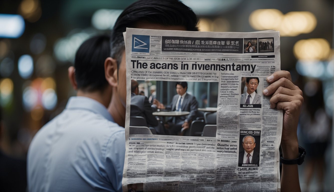 A scene of a person reading a newspaper or browsing a computer with headlines about investment scams in Singapore. Signs warning of scams in the background