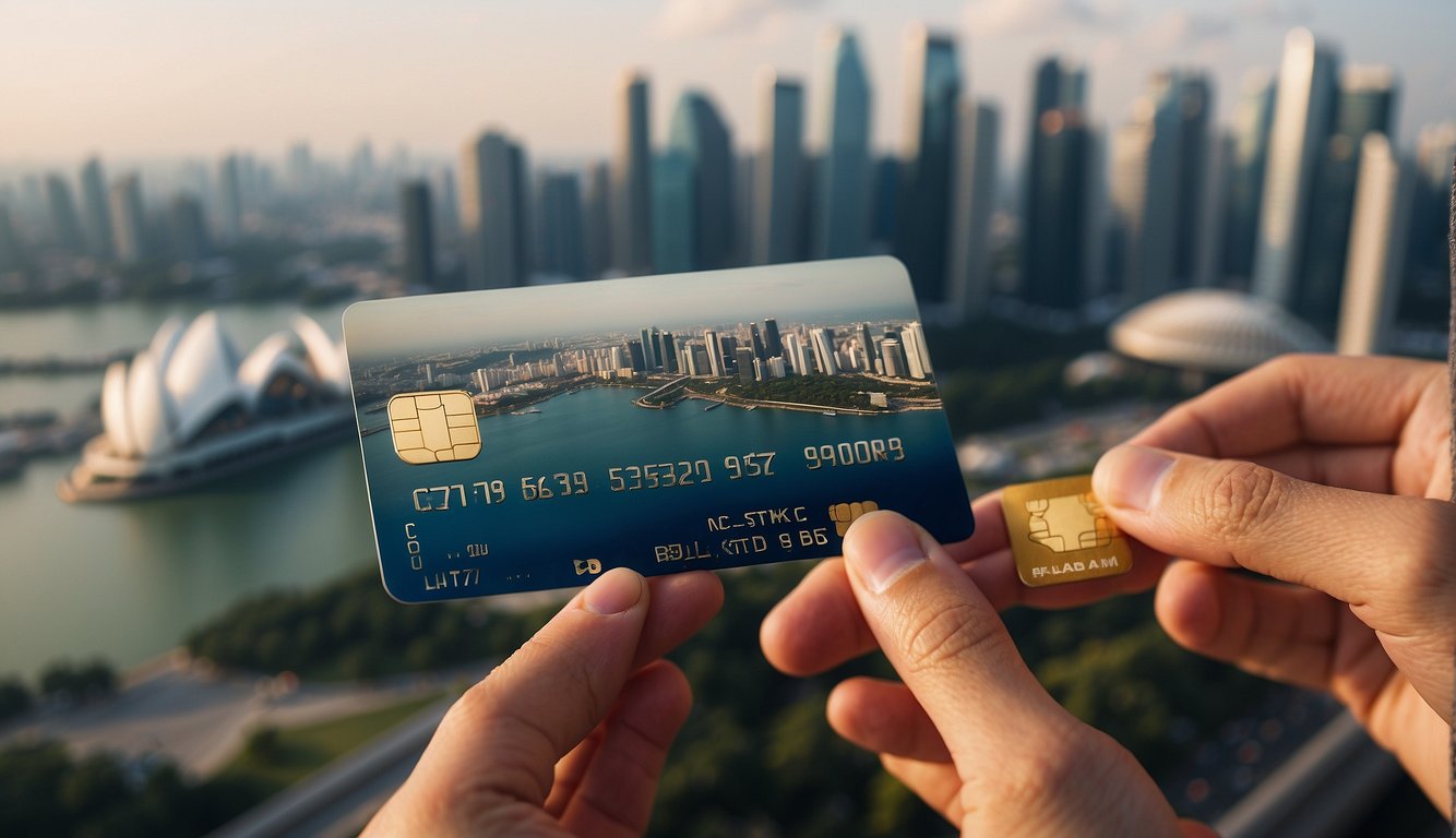 A plane flying over the iconic skyline of Singapore, with the city's famous landmarks in the background and a credit card with "best card to earn miles in Singapore" prominently displayed in the foreground