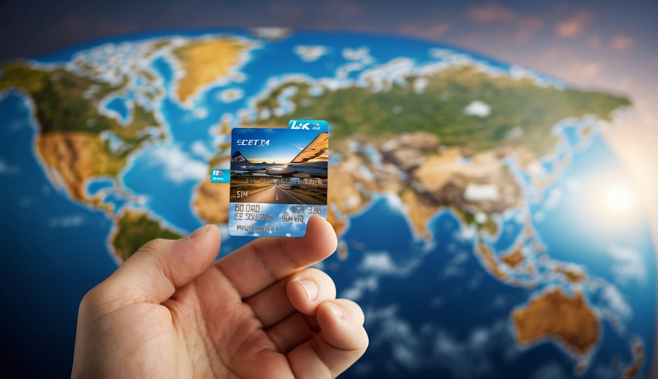 A hand holding a credit card with a world map and airplane icon, surrounded by images of famous landmarks and a plane flying in the background