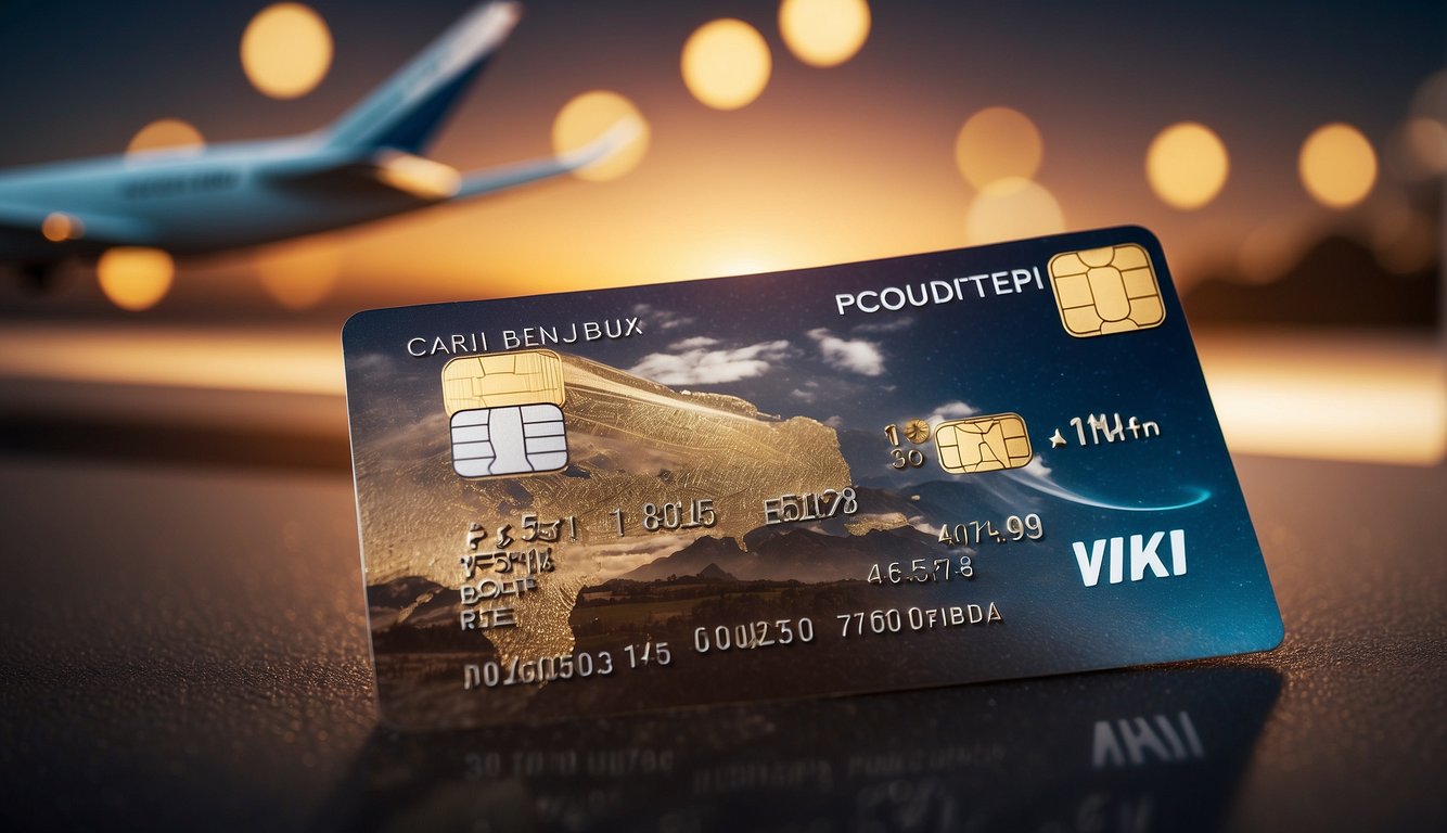 A credit card surrounded by travel-related items like airplanes, suitcases, and passports, with a glowing halo indicating top benefits