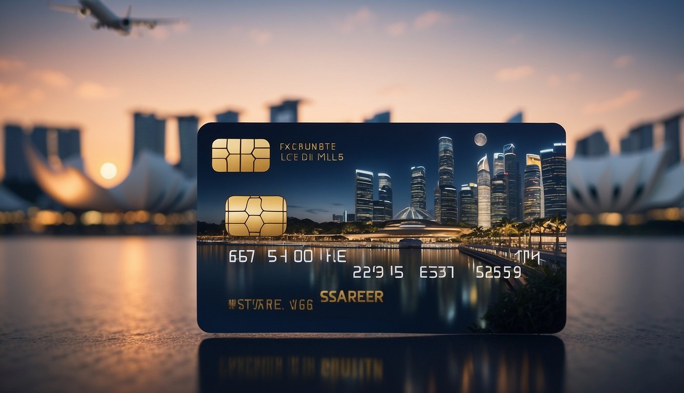 A sleek credit card with "Exclusive Benefits of Leading Miles Cards" displayed, surrounded by iconic Singapore landmarks and a plane flying overhead
