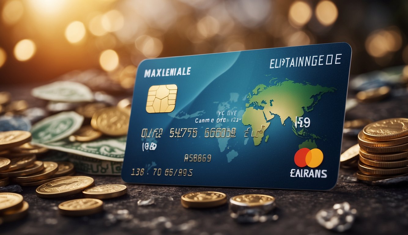 A credit card surrounded by travel icons and rewards, with a prominent "Maximising Mileage Earnings" logo and text highlighting top benefits