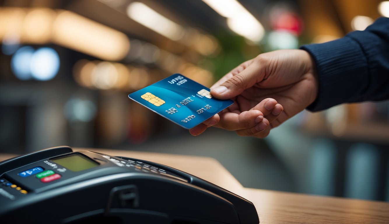 A person swiping a credit card at various everyday spend locations in Singapore, with a focus on maximizing miles earned