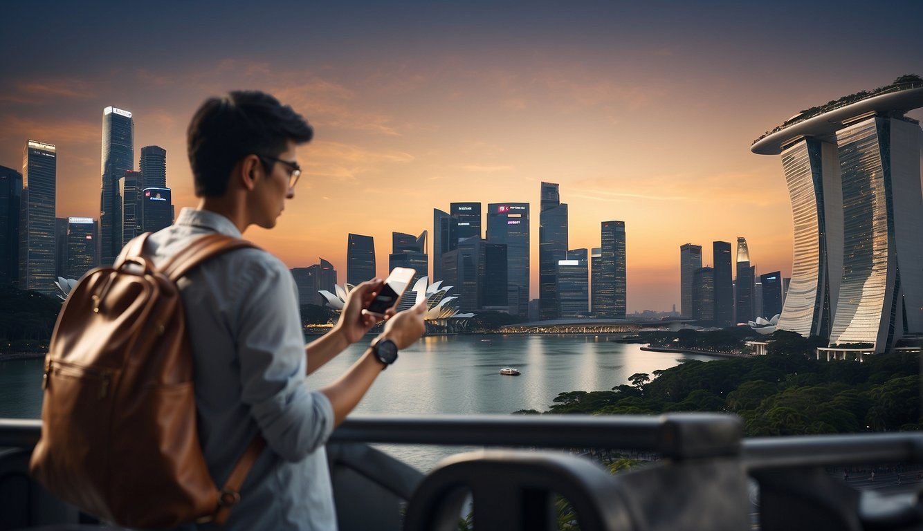 A traveler swipes a credit card against a backdrop of iconic Singapore landmarks, symbolizing the strategic use of miles for travel