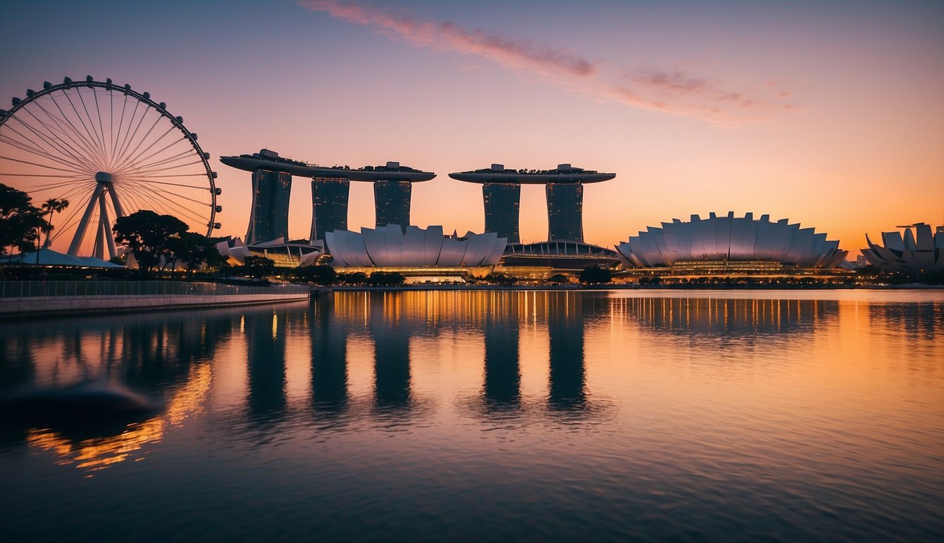 A vibrant city skyline with iconic landmarks like the Marina Bay Sands and the Singapore Flyer, set against a backdrop of a colorful sunset and a plane flying overhead
