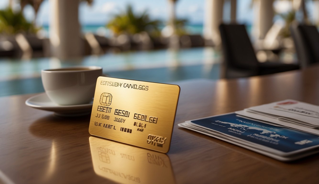A golden credit card with "Exclusive Cardholder Privileges" and "Best Card to Earn Miles" printed on it. A luxurious airport lounge, a sleek airplane, and a tropical beach in the background