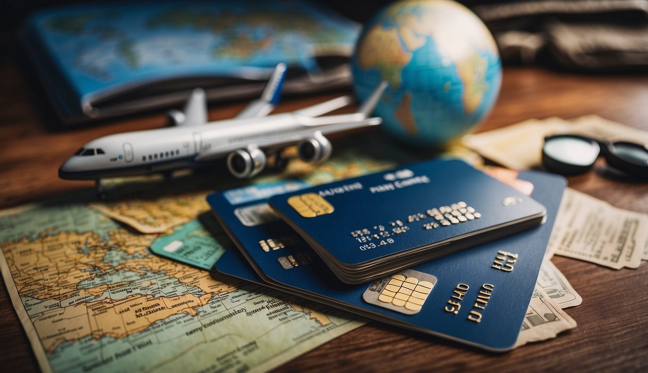 A credit card surrounded by plane tickets, maps, and a globe, with dollar signs and fee icons floating around it