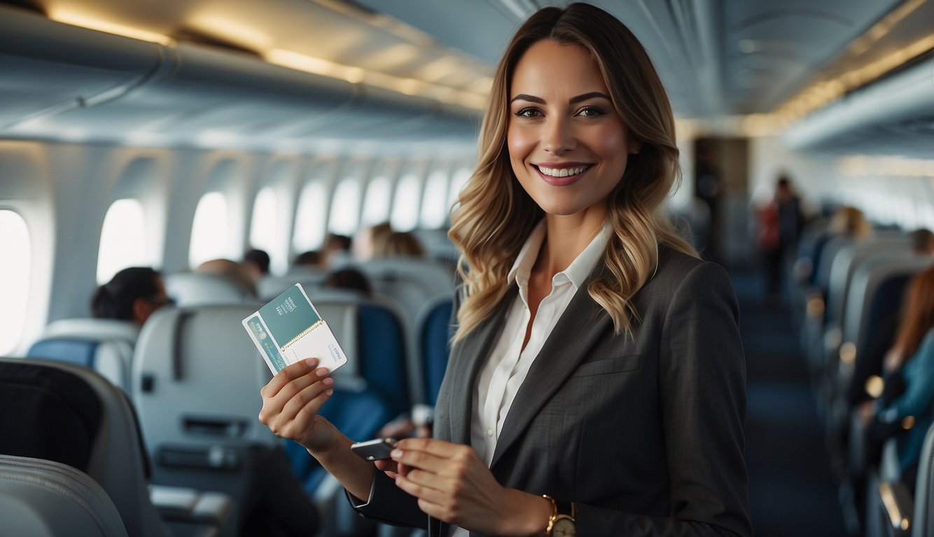 A cardholder smiles while boarding a plane, surrounded by luxury travel items. A review quote highlights the top benefits of earning miles with the best card