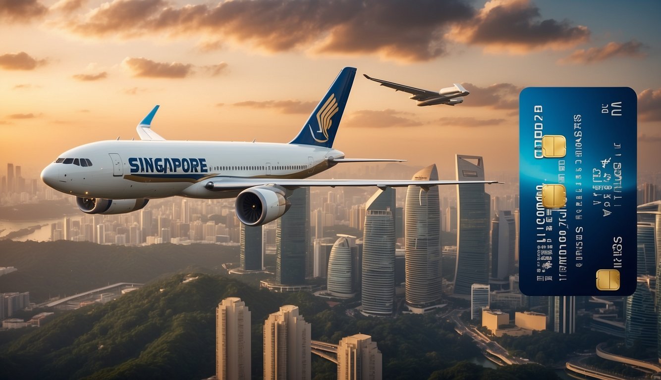 A plane flying over the iconic Singapore skyline with a prominent credit card featuring a "best card to earn miles" label
