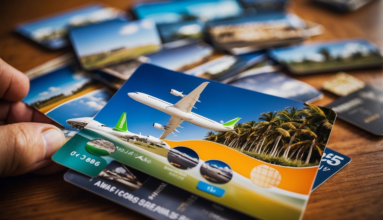 A traveler holding a credit card surrounded by images of airplanes, vacation destinations, and a list of benefits such as free checked bags and airport lounge access