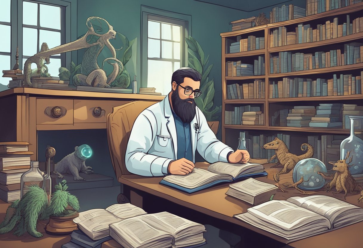 A cryptozoologist studies mysterious creatures. Show a scientist in a lab, surrounded by books, maps, and specimens, studying cryptozoology data