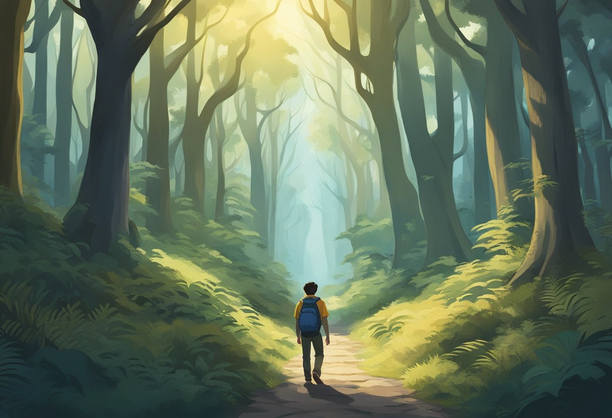 A figure walks down a forest path, surrounded by towering trees and mysterious creatures lurking in the shadows. The air is filled with a sense of adventure and discovery