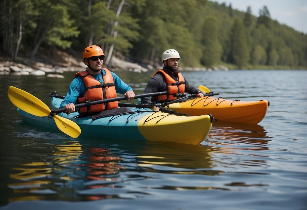 Two kayakers receive safety orientation, wearing life jackets and helmets, while sitting in their kayaks on calm water